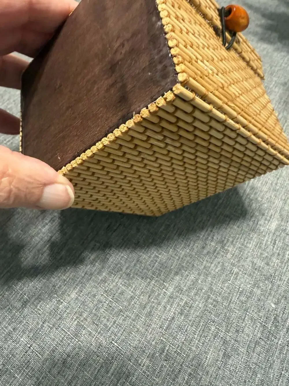 Handcrafted Bamboo Wood and Woven Storage Box with Wooden Bead Button Clamshell